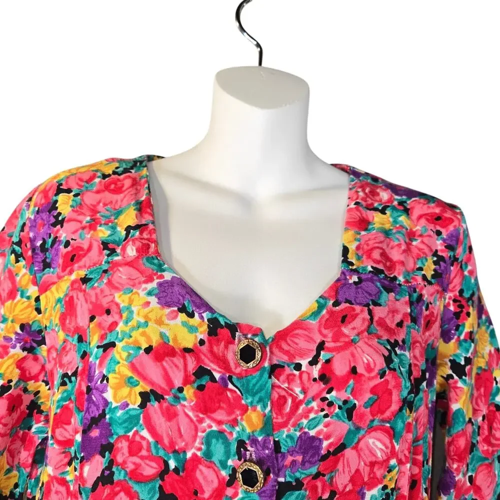 Vintage‎ The Original Womens Medium Button Front Dress Floral 80s Cottagecore